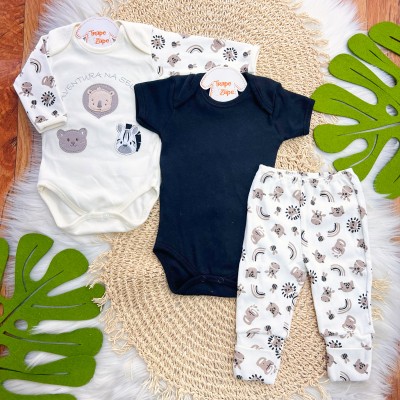 CONJ. DE MALHA 3 PEÇAS - Aventura na Selva - Preto e Off White